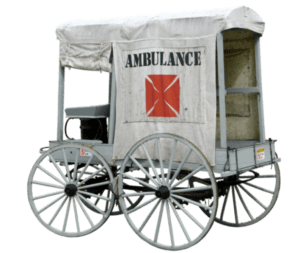 Notre histoire, Ambulance, charrette, roue, médical, urgence, bois, drap, siège, roues, essieu, essieux, carré, gris, noir, rouge, beige, jaune